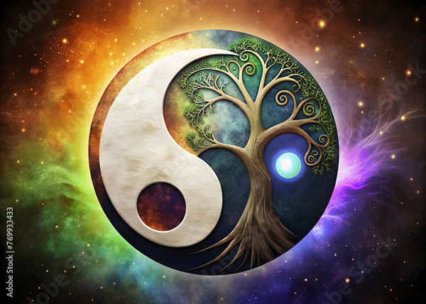 Fototapeta The concept of balance inherent in the yin-yang philosophy intertwines with the symbolic significance of Yggdrasil, the Norse mythological Tree of Life