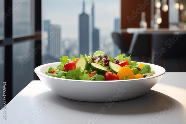 Fototapeta Healthy vegetarian salad served in a deep dish, captured on a café table, creating a delightful visual