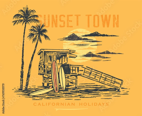 Fototapeta Vector illustration of coastal landscape with lifeguard station and surfboards. Art in rustic and laid-back lines. Design for printing on t-shirts, posters, etc.