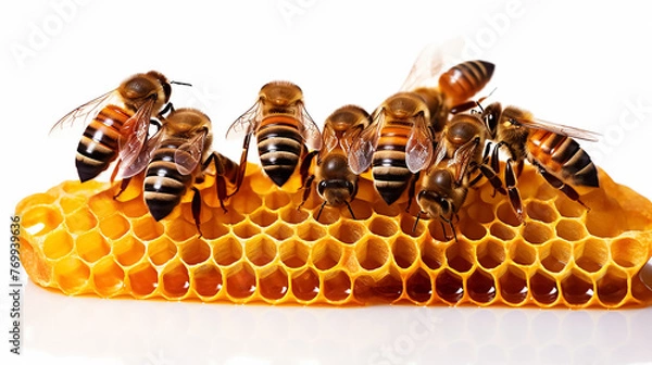Obraz Honey in a honeycomb with bees on a white background. Passover.
