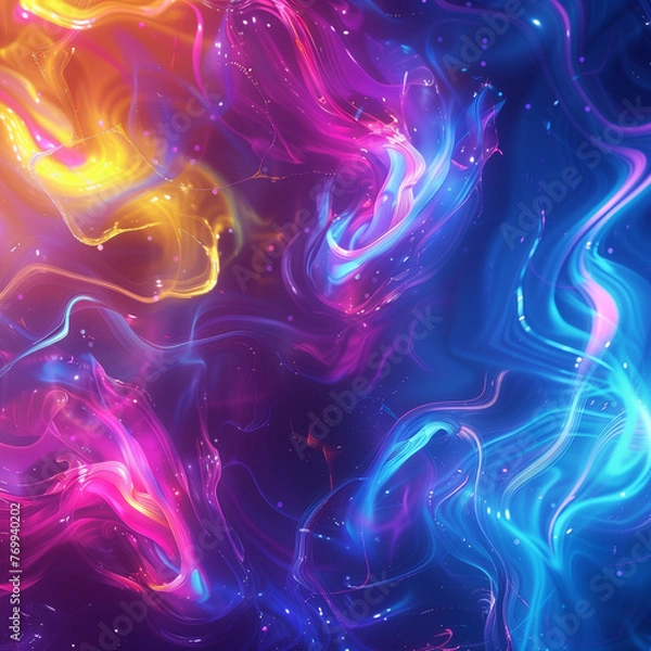 Fototapeta This image captures swirls of neon lights in radiant colors resembling a cosmic atmosphere with abstract shapes and gleaming hues