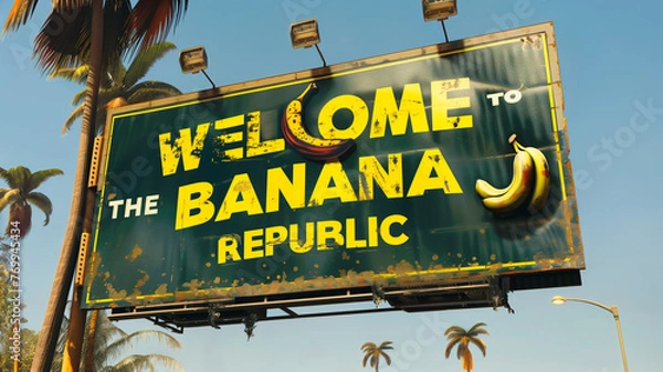 Fototapeta BANANA REPUBLIC WELCOME ROAD SIGN, Satirical, Satire, Ironic, Humorous, Funny. Notice the broken lamps on the sign while in the distance a lamp is lit uselessly during the day where it is not needed