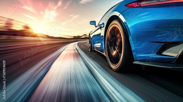 Fototapeta Blue sports car streaks across the raceway, motion captured, igniting the thrill of high-speed competition.
