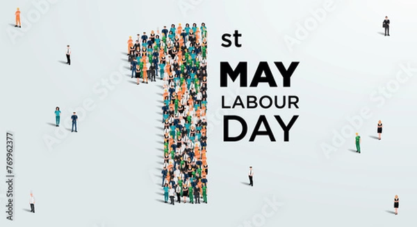 Fototapeta Happy labour day concept poster. Large group of people form to create number 1 as labor day is celebrated on 1st of may. Vector illustration.
