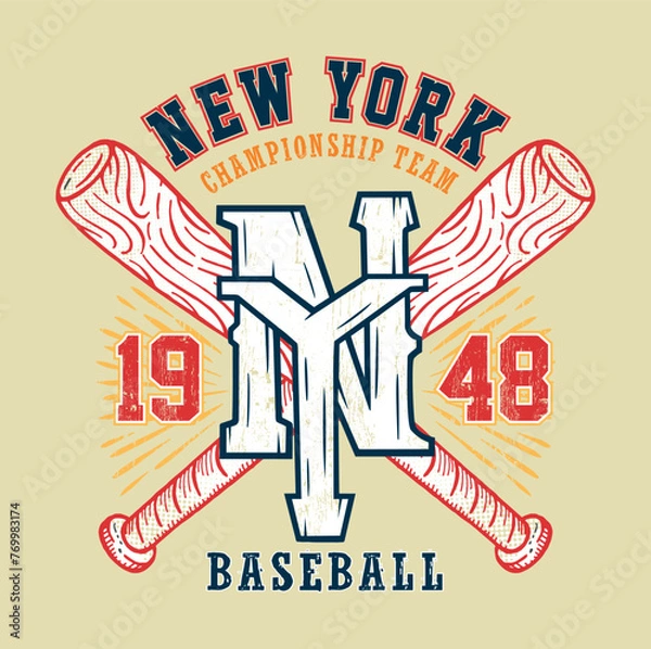 Fototapeta Vector illustration of emblem in college style. Stylized art with reference to baseball and the city of New York.