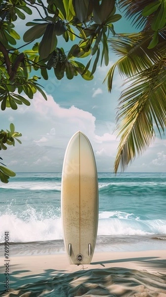 Fototapeta Surfer's paradise with a surfboard on the sandy beach ready for adventure near the ocean and palms
