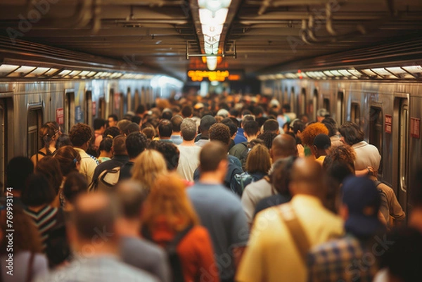 Fototapeta A busy crowd of people in the city subway metro in rush hour on their way home after work.