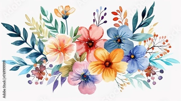 Fototapeta Hand draw decorative colorful flowers bunch watercolor design ,Generative ai