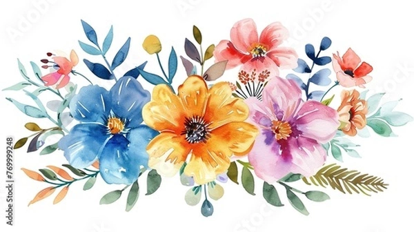 Fototapeta Hand draw decorative colorful flowers bunch watercolor design ,Generative ai