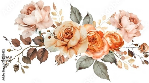 Fototapeta Floral art decoration of peach and blush roses, leaves, branches  ,Generative ai,