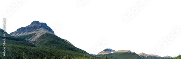 Fototapeta PNG panoramic view of a mountain range with a transparent sky.  The rocky crags are surrounded by green slopes covered in trees.
