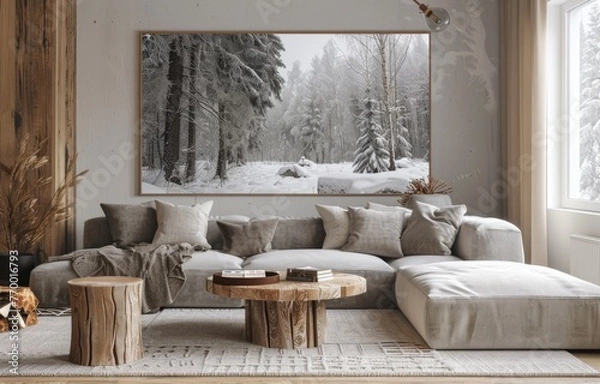 Fototapeta Modern living room with sofa, coffee table and large picture of snow covered forest on the wall