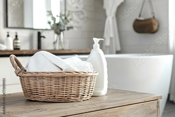 Fototapeta A basket full of towels and a bottle of soap sits on a counter. The towels are blue and white