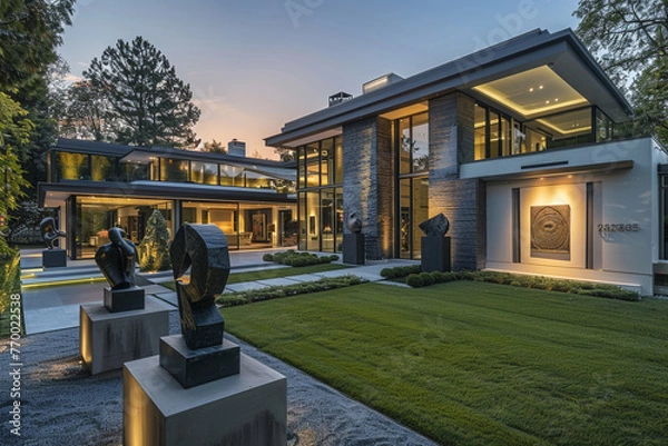 Obraz A modern luxury estate with an outdoor modern sculpture gallery in the front yard, bathed in the soft light of the setting sun.