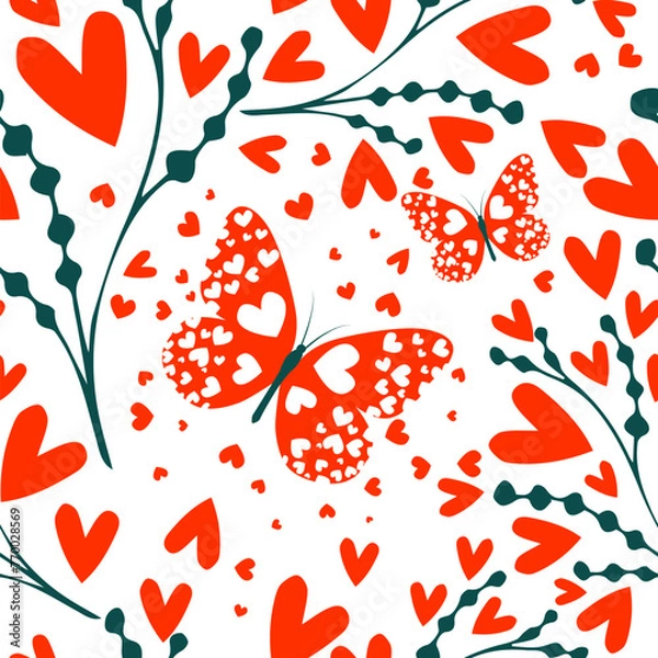 Fototapeta Seamless background of twigs and hearts with a butterfly