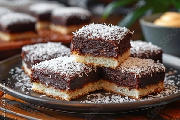 Fototapeta Close-up of Australian lamingtons, sponge cake squares coated in chocolate sauce and rolled in desiccated coconut