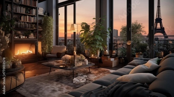 Obraz Luxury living room with an Eiffel tower view, Paris, France