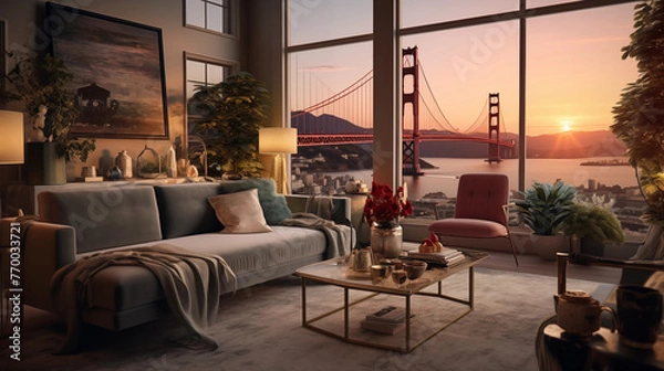 Obraz luxury Living room in San Francisco, with a golden gate view