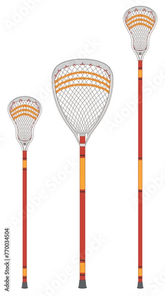 Fototapeta lacrosse, set of three sticks, defense, offense and goal isolated on a white background