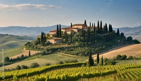 Fototapeta a photo of a villa with a vineyard and trees