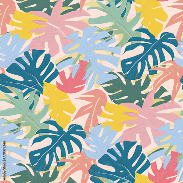 Fototapeta Tropical pattern featuring flat, pastel colors. Perfect for textile prints, summer-themed designs, and beachwear. Adds a vibrant touch to any project.