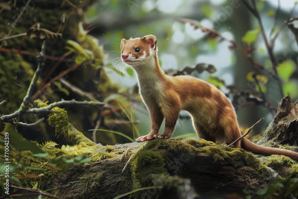 Fototapeta A small brown animal with a white face stands on a mossy log in a forest