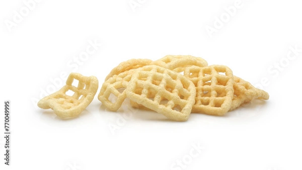 Fototapeta Square shape checkered fried airy snacks (duros or chicharrones wheat pellet) isolated on white background  