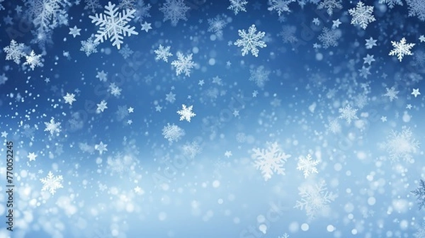 Fototapeta Random falling snow flakes wallpaper. Snowfall dust freeze granules, Snowfall sky white teal blue background