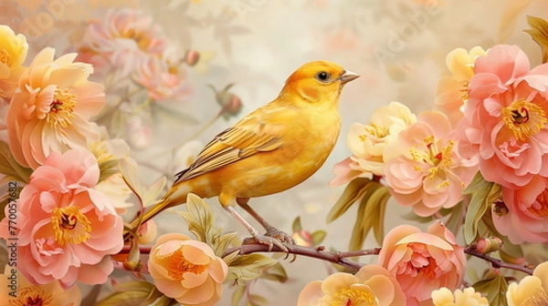 Fototapeta Collage of a fine art of a beautiful bird surrounded by flowers overlain in shades of Peach Fuzz.