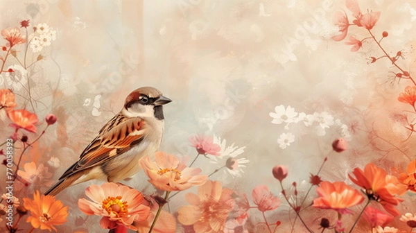 Fototapeta Collage of a fine art of a beautiful bird surrounded by flowers overlain in shades of Peach Fuzz.