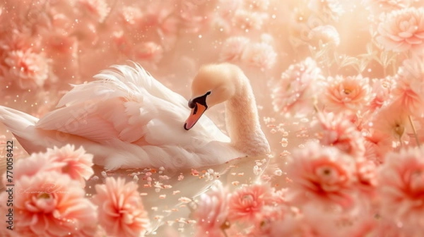 Fototapeta Collage of a fine art of a beautiful bird surrounded by flowers overlain in shades of Peach Fuzz.