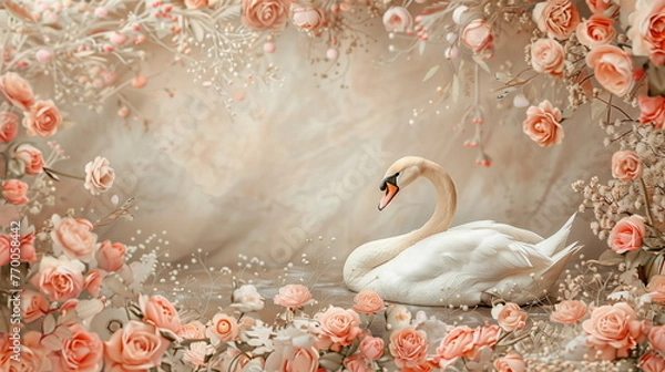 Fototapeta Collage of a fine art of a beautiful bird surrounded by flowers overlain in shades of Peach Fuzz.