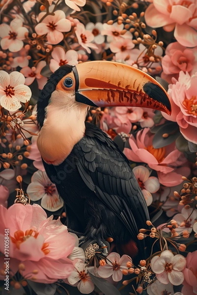 Fototapeta Collage of a fine art of a beautiful bird surrounded by flowers overlain in shades of Peach Fuzz.