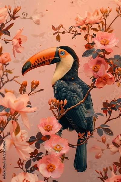 Obraz Collage of a fine art of a beautiful bird surrounded by flowers overlain in shades of Peach Fuzz.