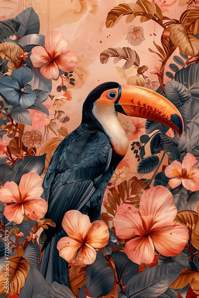 Obraz Collage of a fine art of a beautiful bird surrounded by flowers overlain in shades of Peach Fuzz.