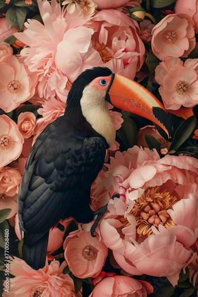 Fototapeta Collage of a fine art of a beautiful bird surrounded by flowers overlain in shades of Peach Fuzz.