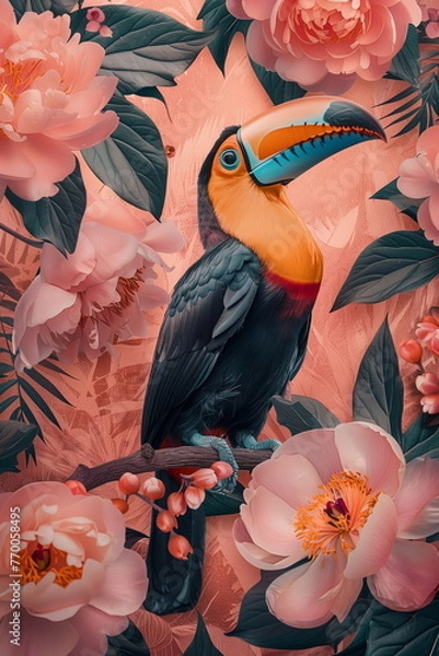 Obraz Collage of a fine art of a beautiful bird surrounded by flowers overlain in shades of Peach Fuzz.
