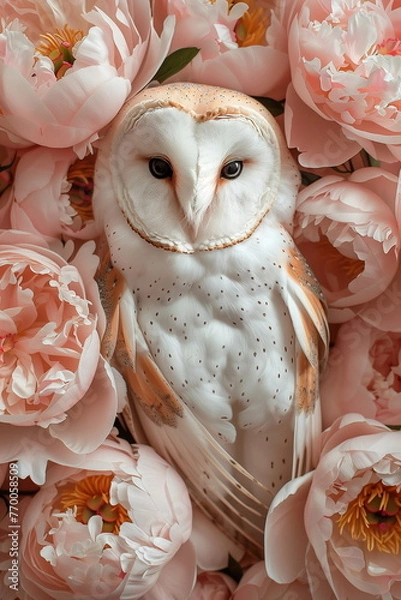 Fototapeta Collage of a fine art of a beautiful bird surrounded by flowers overlain in shades of Peach Fuzz.