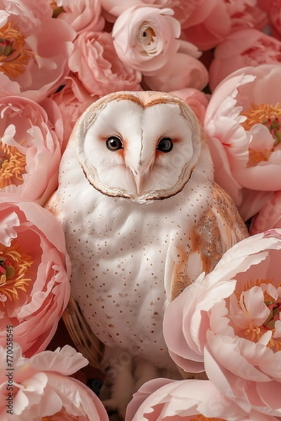 Fototapeta Collage of a fine art of a beautiful bird surrounded by flowers overlain in shades of Peach Fuzz.