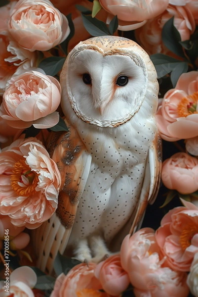 Fototapeta Collage of a fine art of a beautiful bird surrounded by flowers overlain in shades of Peach Fuzz.