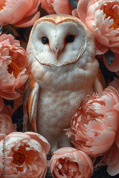 Fototapeta Collage of a fine art of a beautiful bird surrounded by flowers overlain in shades of Peach Fuzz.