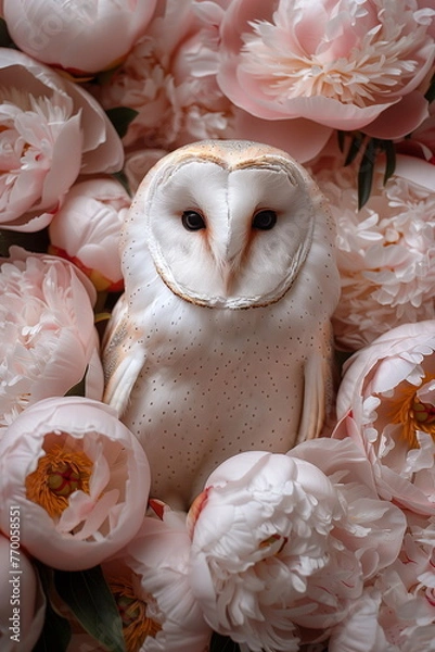 Fototapeta Collage of a fine art of a beautiful bird surrounded by flowers overlain in shades of Peach Fuzz.