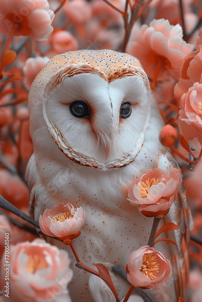 Fototapeta Collage of a fine art of a beautiful bird surrounded by flowers overlain in shades of Peach Fuzz.