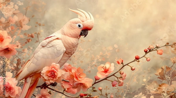Fototapeta Collage of a fine art of a beautiful bird surrounded by flowers overlain in shades of Peach Fuzz.
