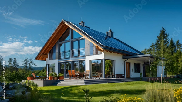 Fototapeta House with solar panels on the roof. Sustainable and clean energy at home