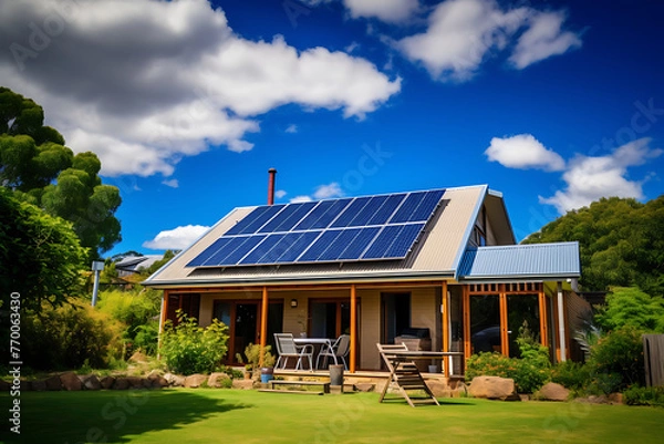 Fototapeta Eco-friendly house with solar panels on the roof, surrounded by a well-kept garden and outdoor sitting area under a clear blue sky