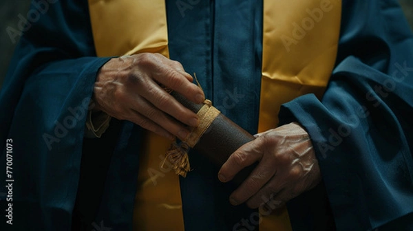 Fototapeta A close-up shot of a graduate's hands clutching their diploma with pride and excitement - love and purity, beauty and lightness, happiness and joy