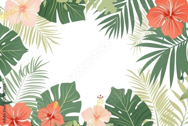 Obraz Tropical floral border with leaves and flowers on white background vector illustration