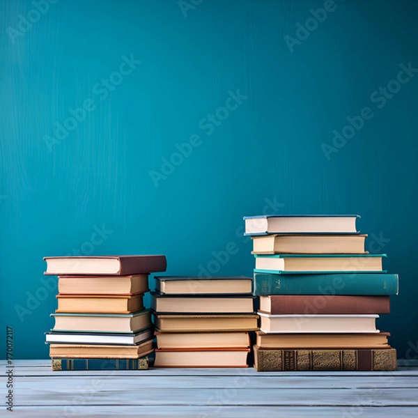 Fototapeta Stack of books on a blue background. Back to school concept.