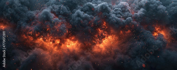 Fototapeta Intense flames peak through billowing dark smoke in a dramatic display of fire's destructive power.	
